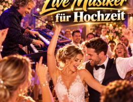 Live-Musiker bei einer ausgelassenen Hochzeitsfeier mit tanzendem Brautpaar und Gästen