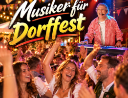 Musiker bei einem ausgelassenen Dorffest mit tanzenden und feiernden Gästen