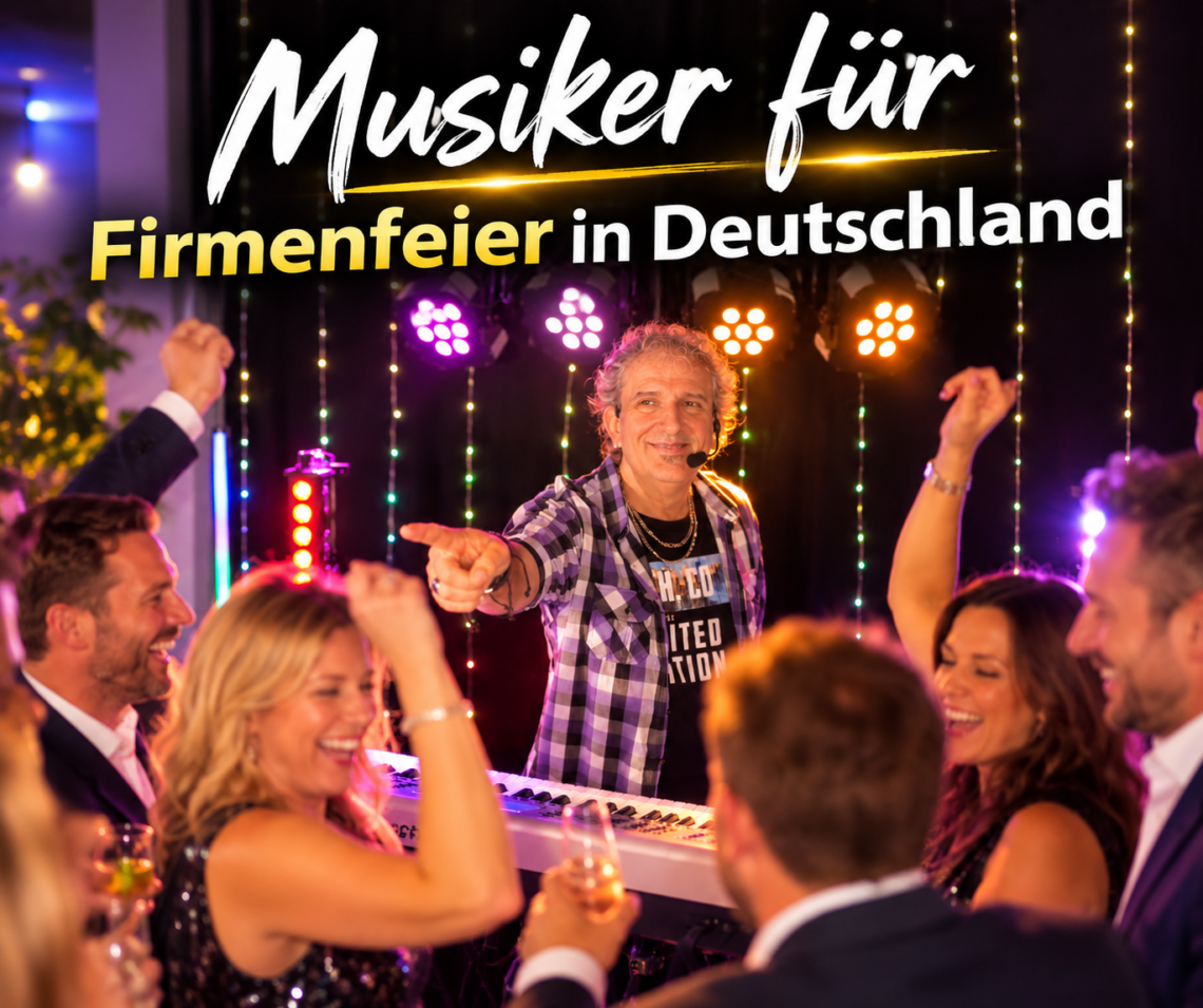 Musiker bei einer ausgelassenen Firmenfeier in Deutschland mit tanzenden Gästen