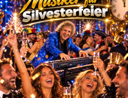 Musiker bei einer ausgelassenen Silvesterfeier mit tanzenden Gästen, Champagner und festlicher Beleuchtung
