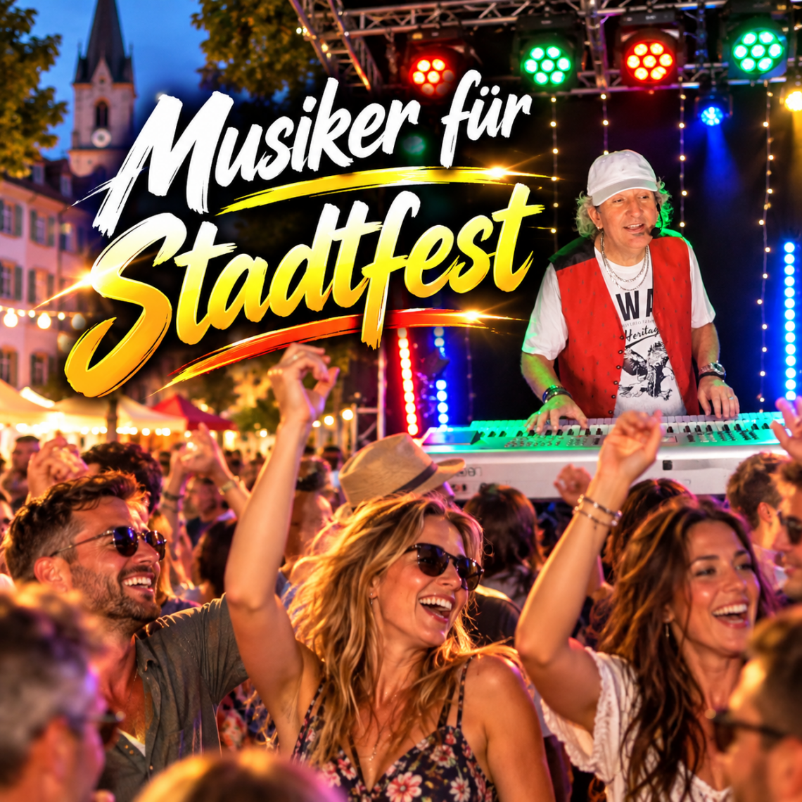 Musiker bei einem ausgelassenen Stadtfest mit tanzenden und feiernden Gästen