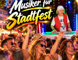 Musiker bei einem ausgelassenen Stadtfest mit tanzenden und feiernden Gästen