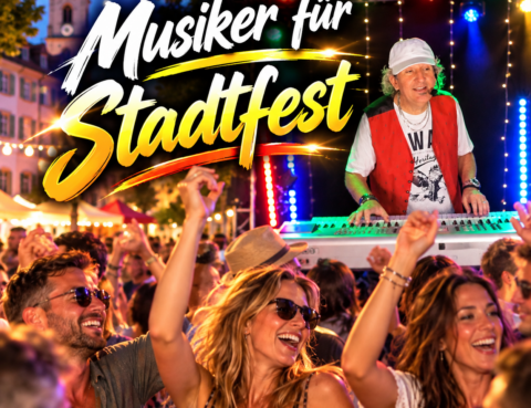 Musiker bei einem ausgelassenen Stadtfest mit tanzenden und feiernden Gästen