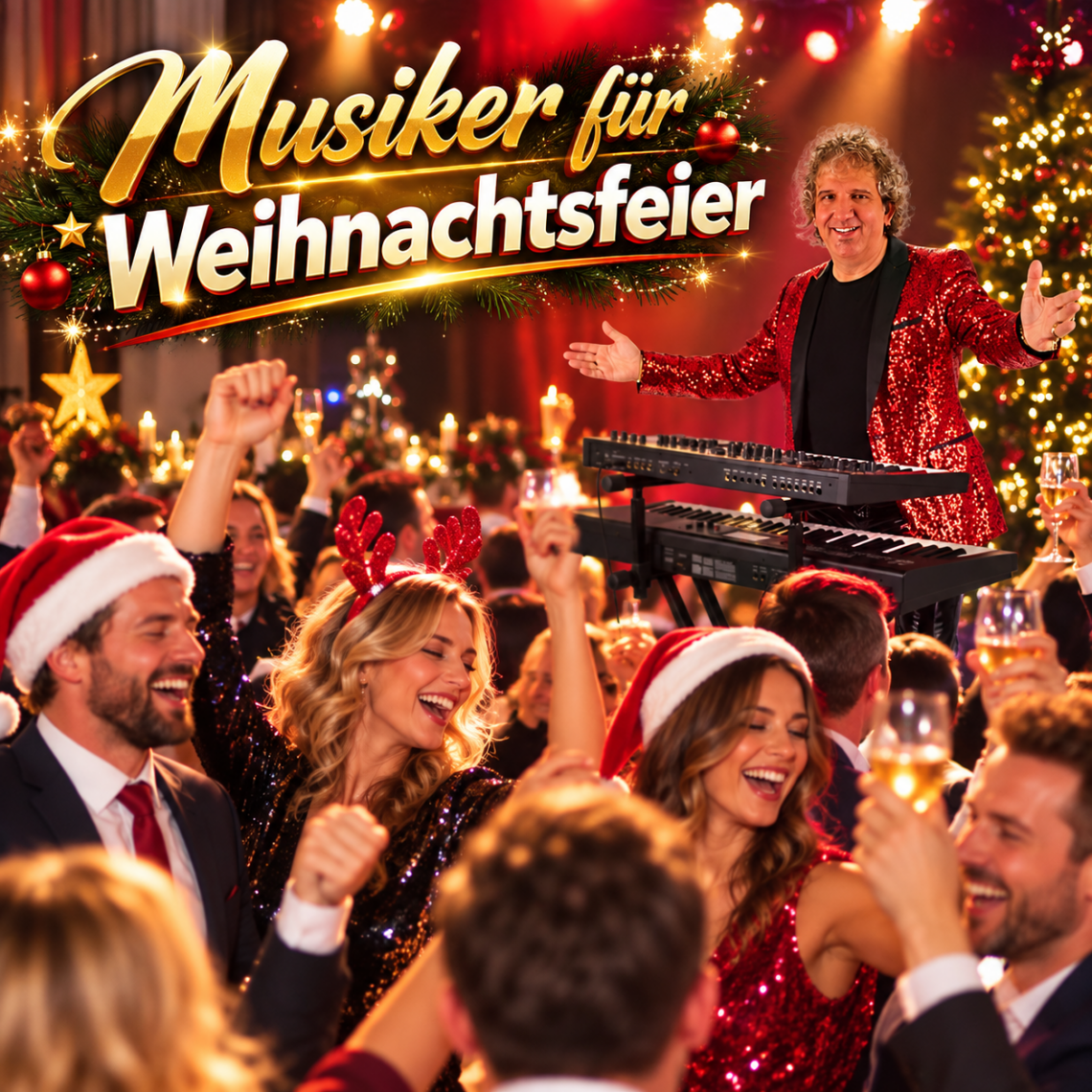 Musiker bei einer ausgelassenen Weihnachtsfeier mit tanzenden Gästen und festlicher Weihnachtsbeleuchtung