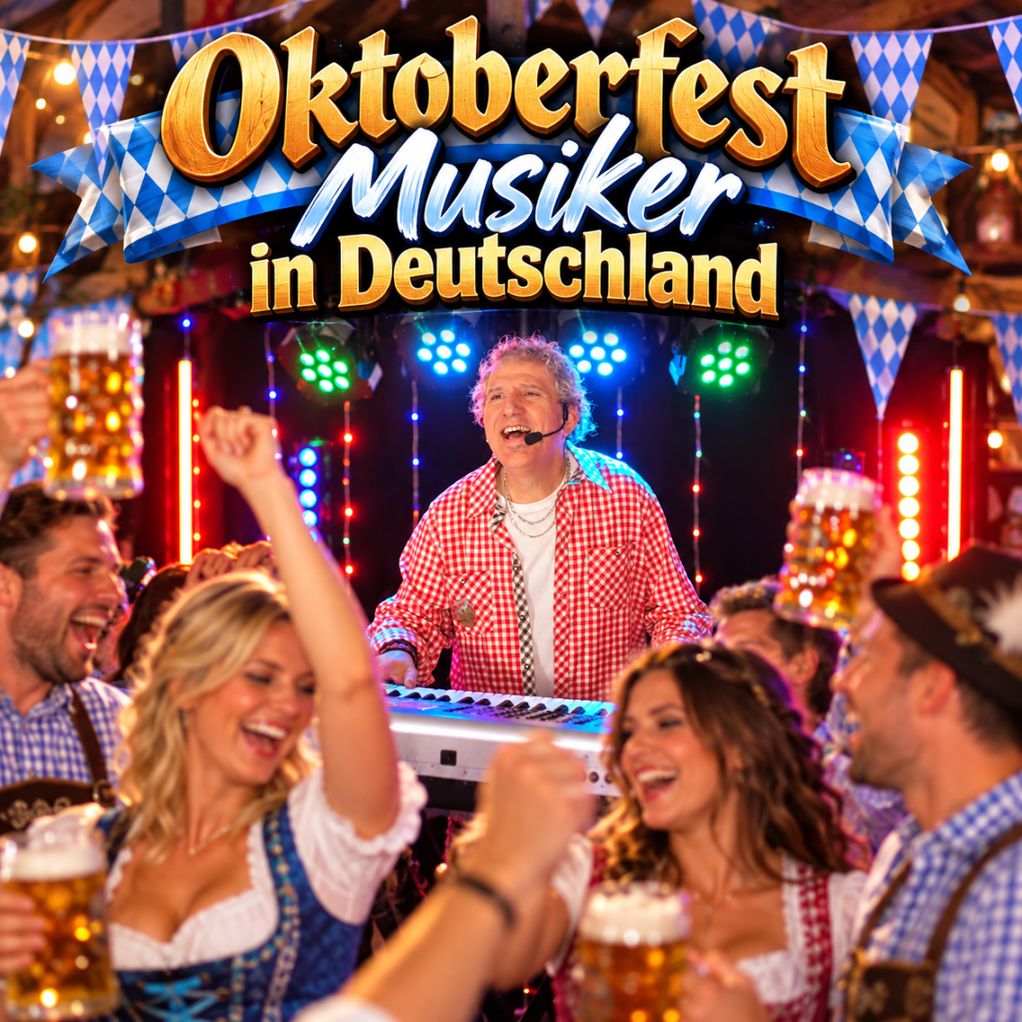Oktoberfest-Musiker bei einer ausgelassenen Feier mit tanzenden Gästen und Bierkrügen