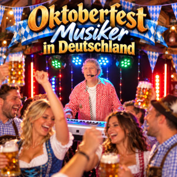 Oktoberfest-Musiker bei einer ausgelassenen Feier mit tanzenden Gästen und Bierkrügen