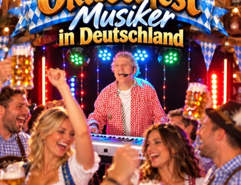 Oktoberfest-Musiker bei einer ausgelassenen Feier mit tanzenden Gästen und Bierkrügen