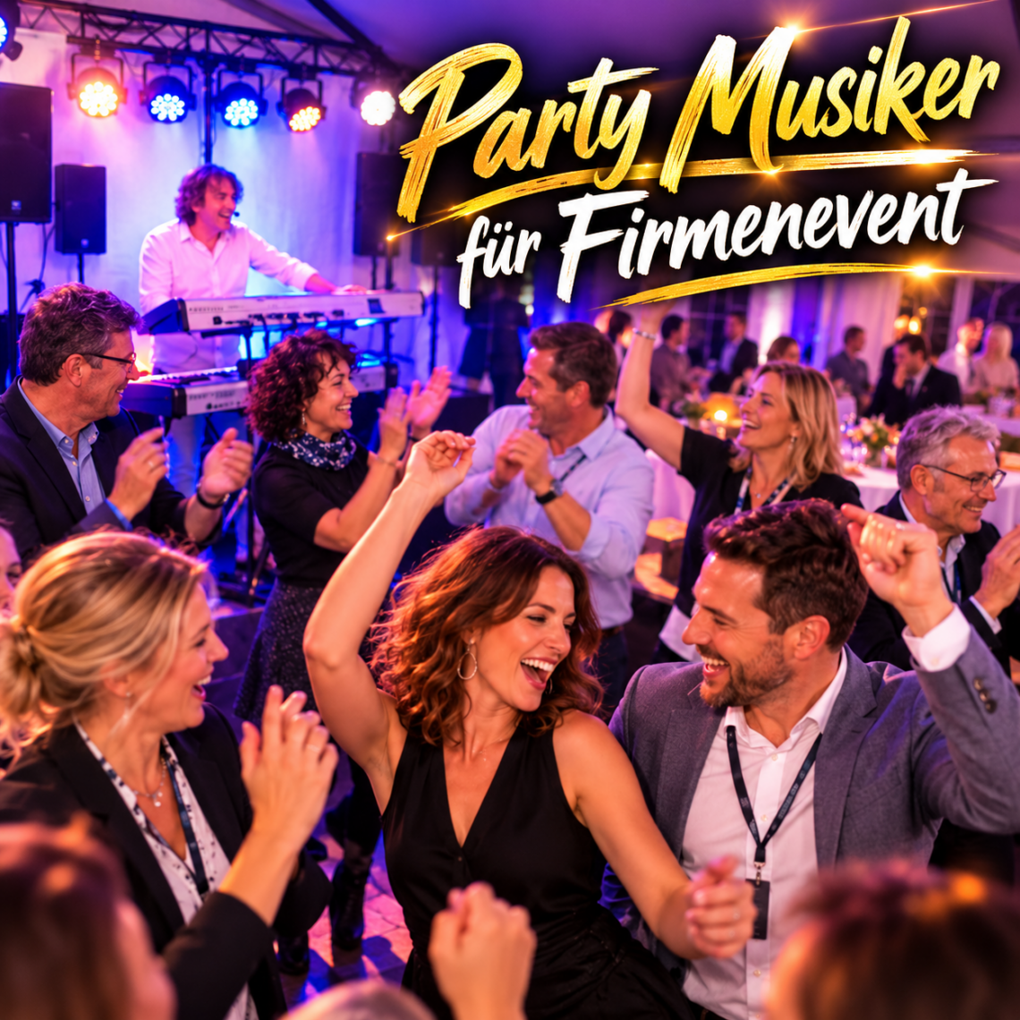 Party Musiker bei einer ausgelassenen Firmenfeier mit tanzenden Gästen und Live-Musik