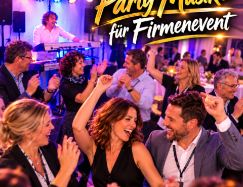 Party Musiker bei einer ausgelassenen Firmenfeier mit tanzenden Gästen und Live-Musik