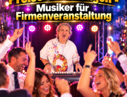 Musiker bei einer ausgelassenen Firmenveranstaltung mit tanzenden Gästen und Bühnenbeleuchtung