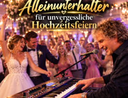 Alleinunterhalter bei einer ausgelassenen Hochzeitsfeier mit tanzendem Brautpaar und Gästen