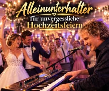 Alleinunterhalter bei einer ausgelassenen Hochzeitsfeier mit tanzendem Brautpaar und Gästen